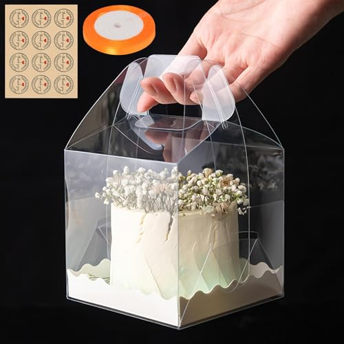 RAINPOP 10Pcs Transparent Cake Boxes, Square Plastic Baking Box Clear Cake Gift Box with Handle, 5.25in Individual Cake Boxes Containers Display Box for Dessert Candy Cakes