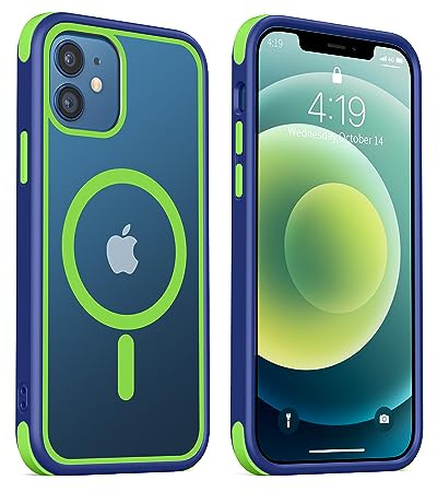 MobNano Hybrid Magnetisch Durchsichtig Hülle für iPhone 12 Hülle, iPhone 12 Pro Hülle [Kompatibel mit MagSafe] Stoßfest Bumper Transparent Magnet Handyhülle Silicone iPhone 12 12pro Case Blau/Gelbgrün