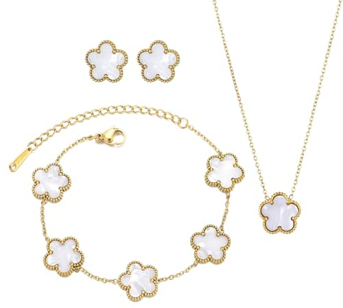 UOOANUO Clover Neckalce Earring Set for Women 14K Gold Plated Stainless Steel Four Leaf Clover Jewelry Set Gift (G-White)