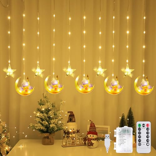 DAZZTIME Stern-Mond-Vorhang, 100 LEDs, Lichterkette, 3 m, Ramadan Mubarak, Lampe, Dekoration, 8 Blinkmodi und Fernbedienung, für Fenster, Eid al Fitr