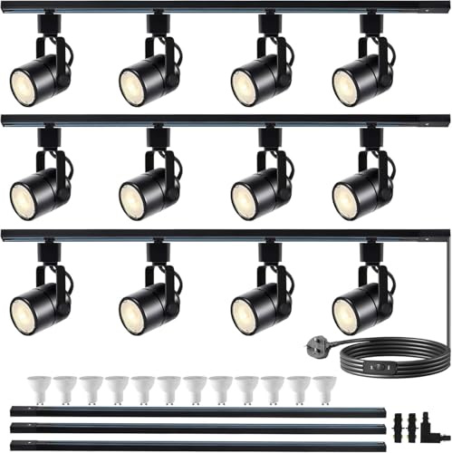 GU10 LED Track Lighting Complete Kit, Dimmable H Type 3 * 1.5m Track Rails,4000K Natural Light 12 Packs GU10 LED Bulbs Ceiling Spotlight Fixture, an Cost-Effective Lighting Solution