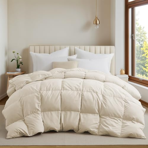 UNIKOME Goose Feather Down Fiber Comforter Queen Size, All Season Duvet Insert with Soft Downproof Cover, Cloud-Like Fluffiness Bed Comforters with Corner Tabs (Full/Queen, Cream, 88X88)
