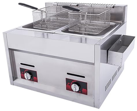 20L Gas Fryer, Countertop Stainless Steel French Fry Twin Basket Dual Tank Fat Chip Fryer, Commercial Deep Fryer, Freestanding Temperature Control, for Restaurant Café