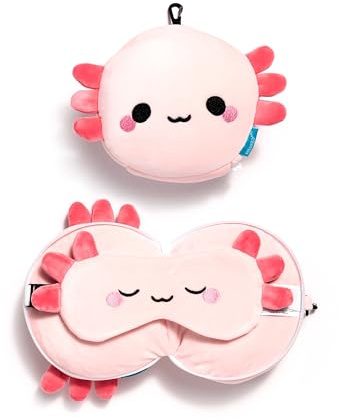 Relaxeazzz Adoramals Maddie the Axolotl Travel Pillow & Eye Mask - Sleep Eye Mask Masks - Kids Travel Accessories For Sleeping Airplane - Flight Plane Neck Pillow Pillows