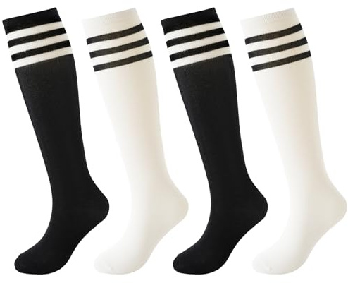 BISOUSOX Lot de 4 paires de chaussettes de football unisexes pour enfants de 6 à 8 ans / 9 à 12 ans - Chaussettes montantes en coton rayé - Chaussettes de football pour filles - Chaussettes de course