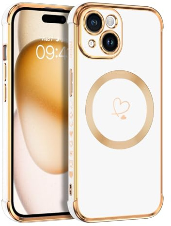 Telaso Custodia magnetica per iPhone 15, custodia per iPhone 15, motivo a cuore carino, compatibile con MagSafe, cover morbida per donne, protezione della fotocamera, colore: bianco