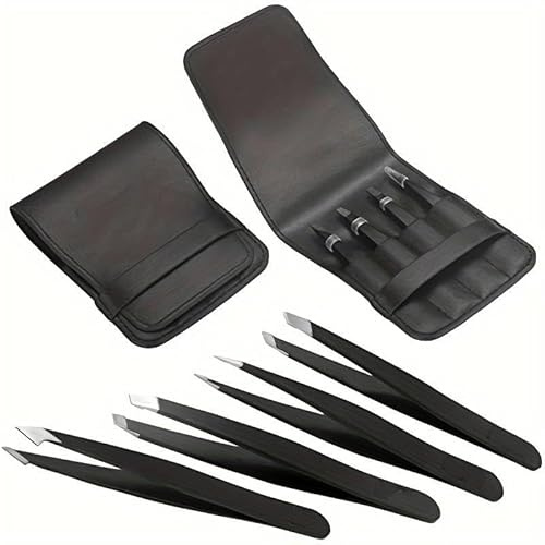IMAXWAVE Set de 4 Pinzas de Depilar Profesionales de Acero Inoxidable - Pinzas de Precisión con Puntas Fina, Sesgada, Recta y Puntiaguda para Pelos Faciales, Ceja, Espinillas y Puntos Negros