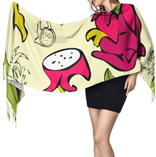 Zdlwaisw Cooler Sommerschal mit Drachenfrucht und grünem Blatt für Damen und Mädchen, leicht, 196 x 68 cm, groß, weich, Pashmina, extra warm, Siehe Abbildung, One size