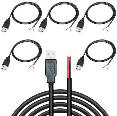 Rakiuty Queue de Cochon USB 22AWG à 2 Fils - Câble d'Alimentation à Extrémité Ouverte 2 Broches, 0.3 Mètre, 5V 2A