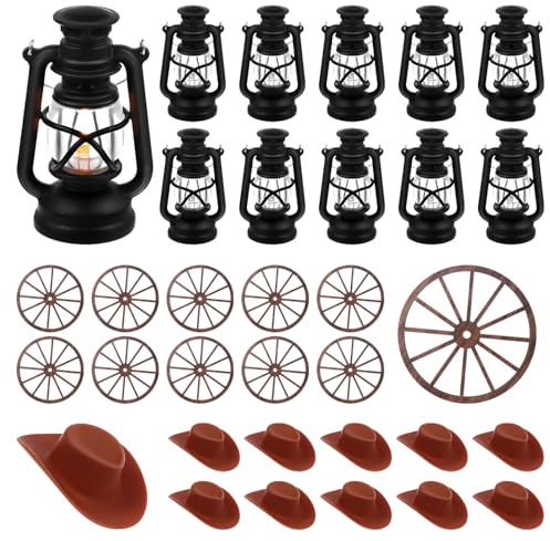 30Pcs Western Themed Party Decorations Include Mini Cowboy Hats Wagon Wheel Tiny Lanterns Ornaments Retro Cowboy Table Centerpieces Miniature Dollhouse Cowboy Hats for Birthday Cowgirl Party Supplies
