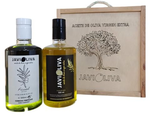 JAVIOLIVA Aceite de Oliva Virgen Extra - AOVE Cosecha Temprana Picual y AOVE Tradicional, Botellas 500 ml con Elegante Caja de Madera Ideal para Regalo, Perfecto para Cocina Gourmet.