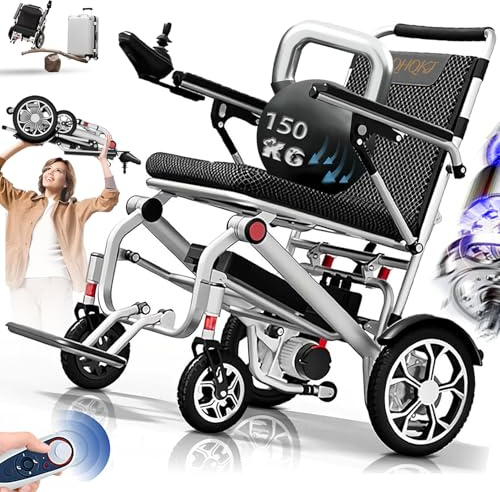 ZQHQKJ Leichter Elektrorollstuhl Faltbar - 14,9 kg, 25-50 km Reichweite, 150 kg Tragkraft, Mit Dämpfung, Kompakt für Outdoor & Wohnung, Lithium-Akku, Ergonomisch, Reisegeeignet,Silber,12A