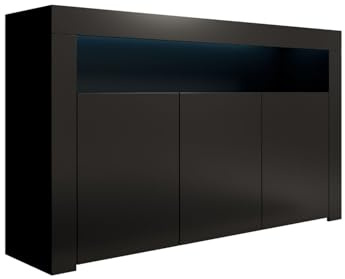 MB Muebles Bonitos, Buffet Aker avec Lumière LED et 3 Portes pour Salon et Salle à Manger, Meuble TV en Mélamine Mate, Couleur Noir, 155x91,5x37 cm