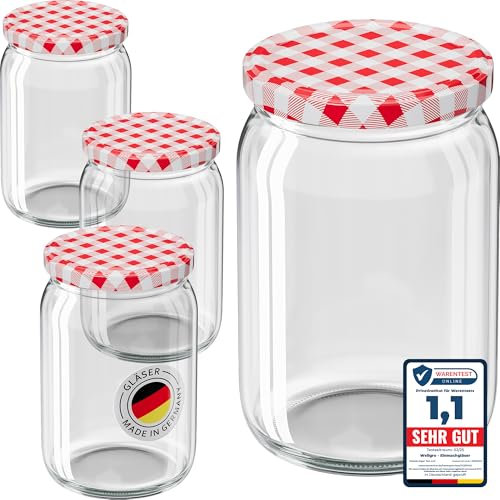 WELLGRO 25x Einmachgläser mit Schraubdeckel - 550ml - Deckel rot kariert To 82 - Made in Germany - Vorratsgläser mit Deckel, Gärglas, Dessertgläser