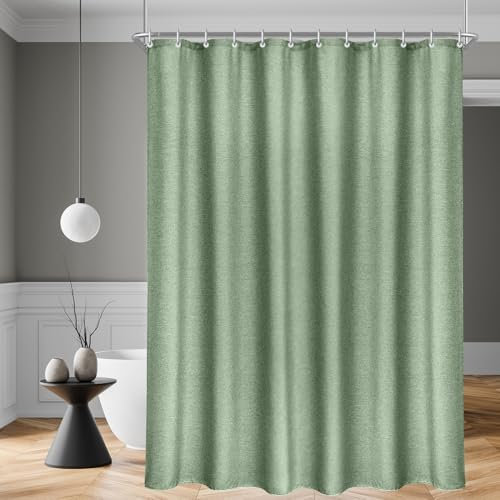 Lerores Duschvorhang 180x200 cm Grün, 230 Gramm Polyester Beschwerter Saum Antischimmel Textil, Wasserabweisend, Waschbar Stoff Badevorhänge für Badezimmer, Badewanne mit 12 Duschvorhangringe