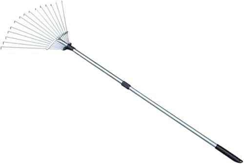 Telescopic Garden Rake, 15 Tines, Adjustable Handle, Metal Construction, for Lawn and Yard Maintenance