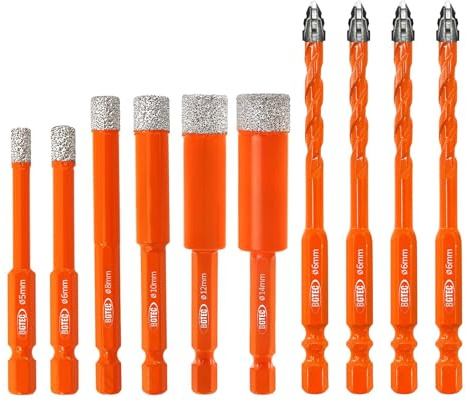 BGTEC Verzahnter Hartmetall Bohrerset 10 Stück - 6MM*4 Steinbohrer Set & 5/6/8/10/12/14MM Diamantbohrer für Holz, Kunststoff, Ziegel, Fliesen, Glas, Beton & Marmor