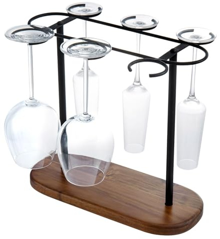 MyGift 6 Glass Solid Acacia Wood and Matte Black Metal Wire Countertop Wine Glass Holder – Industrial Stemware Hanger Rack for Bar or Kitchen Display