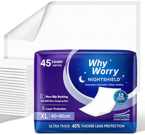 WhyWorry NightShield engångsunderlägg, 60 x 90 cm, halkfria, sängskydd, för vuxna, inkontinens och urinläckage, absorberande mattor, luktkontroll, 90 enheter