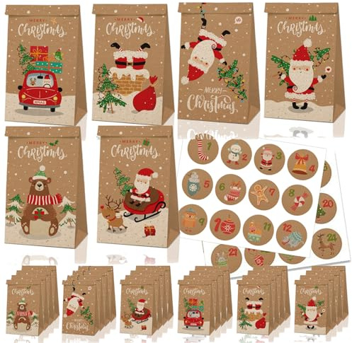 Notwoe® 24 Sacchetti Regalo Natale, Buste Carta Kraft con Grafica Bella e Adesivi Personalizzati - Ideali per Caramelle, Compleanno, Feste, Matrimoni. (cachi-B24)