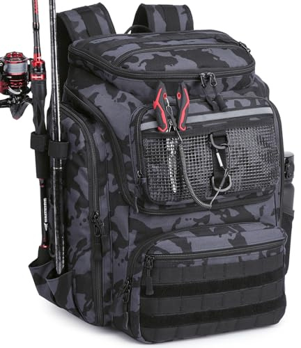 BlesMaller Angelrucksack mit Rutenhaltern & Kühlfach 45L große Angeltasche | 900D Nylon wasserabweisend Angelausrüstung Rucksack für Spinnfischen Wandern Camping