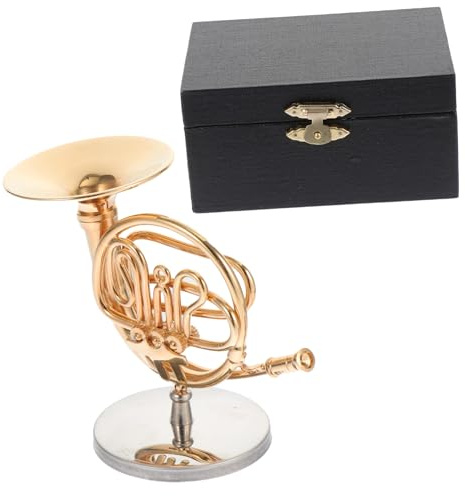 Holibanna Miniatur Kupferhorn Deko Figur Horn Modell mit Stand und Schwarzer Box für Schreibtisch und Wohnkultur Einzigartiges für Musikliebhaber