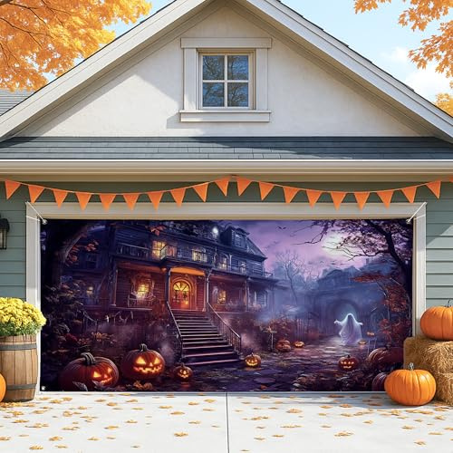 Spooky Haunted House - Cubierta para puerta de cochera, decoración de Halloween vintage violeta, decoración grande de fondo de fiesta de Halloween, decoración de otoño para interiores y exteriores