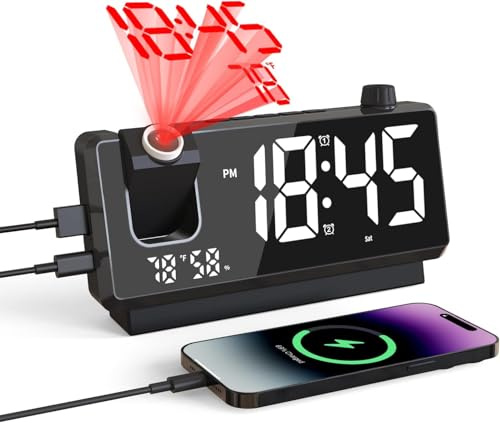 Projection Alarm Clock for Bedroom, Mirror Face Digital Clock with 180° Projector on Ceiling Wall, 3-Level Dimmer, USB Charger Ports, Dual Alarm for Heavy Sleepers, Ideal Gifts for Kids Elderly Black