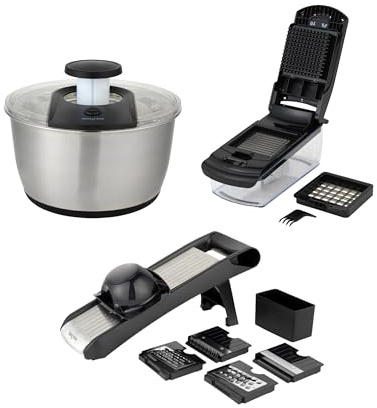 Salter Expert Food Preparation Set – Mandoline, 2-In-1 Chopper, Salad Spinner, Interchangeable Blades, Stainless Steel, Non-Slip Base, Safe Utensil, Chop & Dice, 6 Litre, Easy Clean, Finger Guard