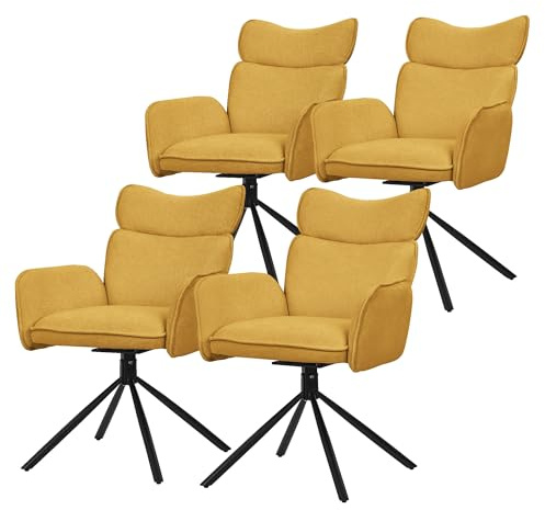 ML-Design Matstolar Vridbara 4-Pack Senap Textilklädda Stoppade Stolar med Armstöd och Ryggstöd 360° Roterande Komfortabla Kök och Vardagsrum Fåtöljer Loungestolar Metallben Ergonomiska Sittmöbler