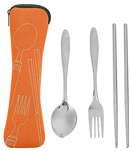 Juego de 3 utensilios de viaje portátiles con estuche, cuchara de acero inoxidable, tenedor, palillos con bolsa de almacenamiento, cubiertos para acampar, juego de vajilla,