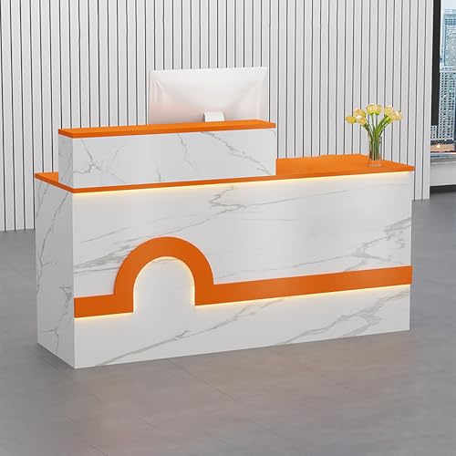 Scrivania moderna in legno con cassetto chiudibile a chiave e vassoio per tastiera, per ufficio e salone, elegante tavolo per computer bianco e arancione (99,9 x 45,7 x 94 cm)