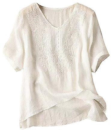 Blusa de manga 3/4 para mujer, de algodón, lino, bohemio, bordada, floral, estilo túnica, informal, para la playa, vacaciones, blanco, XL
