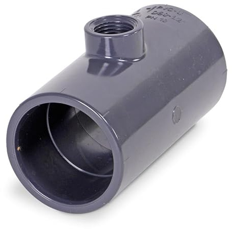 Mega T-Stück 90° PVC-U 50 mm x 1/2 x 50 mm - Klebemuffe x Innengewinde x Klebemuffe - 10 Bar - Grau