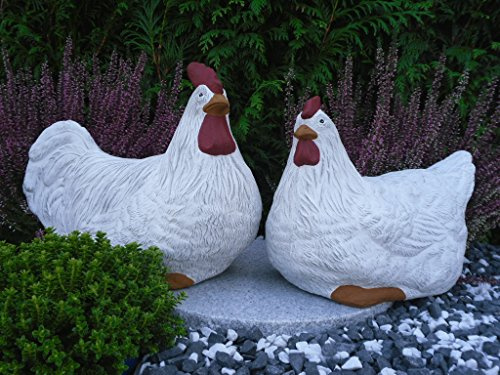 STEINFIGUREN SPICKER Steinfigur Huhn, Henne, Hahn 2er Set 135/5.1, 180/5.1 Gartenfigur Steinguss Tierfigur Weiß Patina