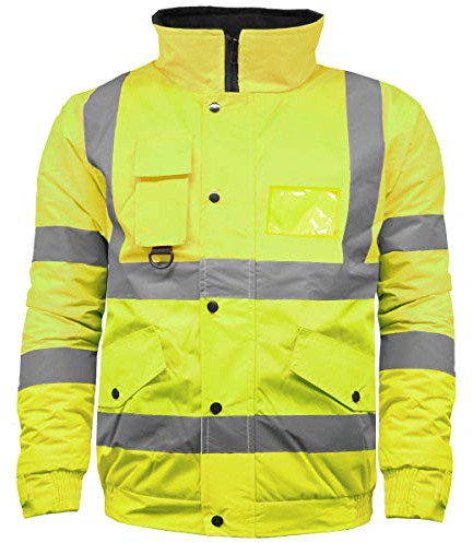 Hi Vis High Visibility Safety Security Reflective Protective Waterproof, Windproof Padded Workwear Bomber Jacket Coat With Concealed Hood Available In Orange, Yellow, Black and Contrast.