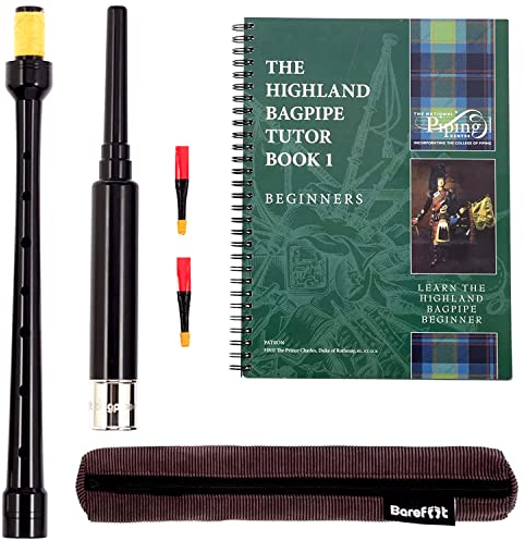 Barefoot Bagpiper Dudelsack-Praxis-Chanter 45,7 cm, vernickelt, gravierte Hülse für Dudelsäcke, Lehrerbuch, 2 Dudelsack-Übungsblätter, Taschenpfeifen für Anfänger, Erwachsene