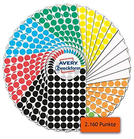 AVERY Zweckform 59999 selbstklebende Markierungspunkte 2.160 Stück (Ø12mm, 8 Farben mit je 270 Klebepunkte auf 5 Bogen, Farbcodierung, runde Aufkleber für Kalender, Planer und zum Basteln, Papier)