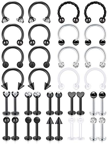 AceFun 16g Lip Piercing Bar Helix Tragus Cartilage Rings Black Stainless Steel Horseshoe Labret Lip Rings Medusa Piercing Jewelry 8mm 36Pcs