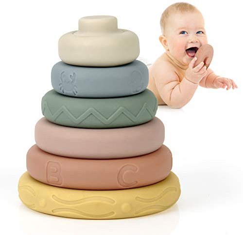 Mini Tudou 6 Stück Stapelspielzeug mit Ringen,Stapelturm & Beißringe für Stapelspiel,Squeeze Zahnen Babyspielzeug,Früherziehung Kinderspielzeug,Montessori Spielzeug für Jungen Mädchen 6 12 18 Monate