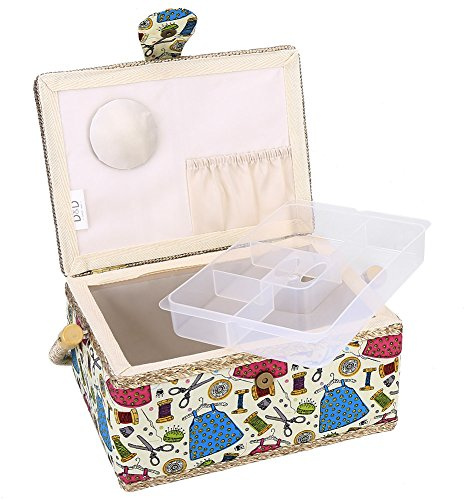 HERCHR Großer Nähkorb, Vintage Stoff-Nähkasten Nähset Aufbewahrungskasten mit herausnehmbarer Innentasche für Nähzubehör(Grün)