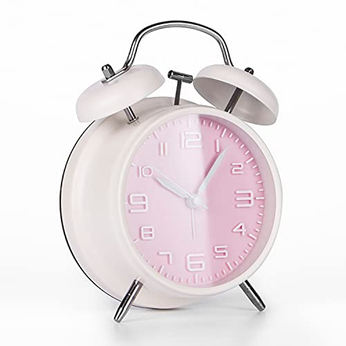 PILIFE Analog Alarm Clock 4 inches Super Silent Non-Ticking Twin Bell Alarm Clock,Backlight,3D Dial,No Snooze,Battery Operated,Loud Bell for Heavy Sleepers,Home Decor,Pink