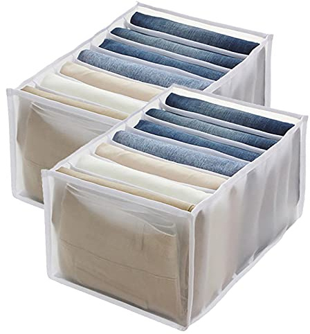 Rocita 2 x Jeansfach Aufbewahrungsbox Schrank, Kleiderschublade Netztrennbox Kleiderschrank Kleidung Organizer, 7 Fächer, faltbare Schublade waschbar Haushalt (weiß, L (36 * 25 * 20 cm)…