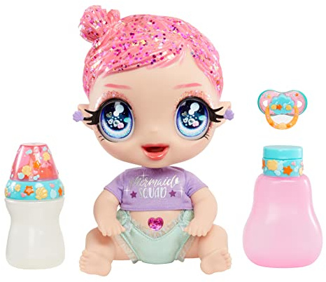 Glitter Babyz, MGA'S Marina Finley, Muñeca con 3 Cambios de Color, Traje de Sirena, Pañal, Biberón y Accesorios, Edad a Partir de 3 años, Marina Finley