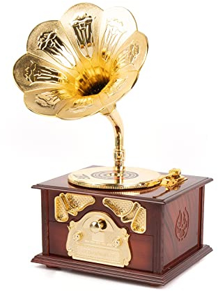 AUEAR, Classical Gramophone Music Box Clockwork Brown for Home Table Desk Decorations