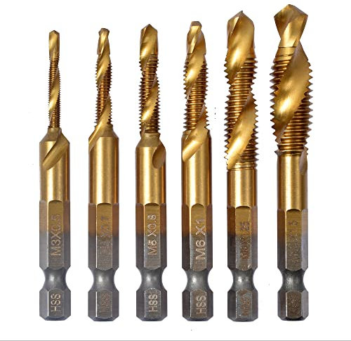 TINGMEI Lot de 6 forets de taraud, unités métriques M3 M4 M5 M6 M8 M10 HSS et embouts de taraudage à tige hexagonale de 6 mm (revêtement titane)
