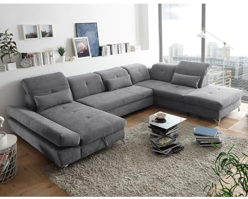 Lomadox Wohnlandschaft mit verstellbaren Kopfstützen und Schlaffunktion in Mikrovelours dunkelgrau | Sofa in U-Form mit Bettkasten rechts