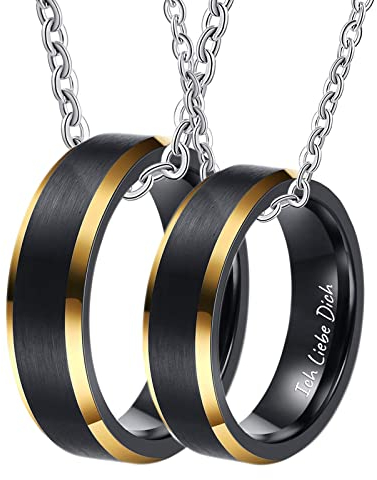 KnSam Ketten Paare 2 Stück in Wolfram, 6MM Ring Anhänger Gebürstet Gravur Ich Liebe Dich Pärchen Halskette Ringe, Gold Schwarz, Damen 57 Herren 62, 60cm & 50CM Länge