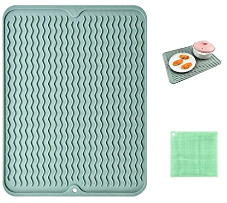 Amindz Abtropfmatte aus Silikon, Hitzebeständig und rutschfest Silikonmatte mit Einer Reinigungsbürste，Geschirr abtropfmatte für Küche（Grün）