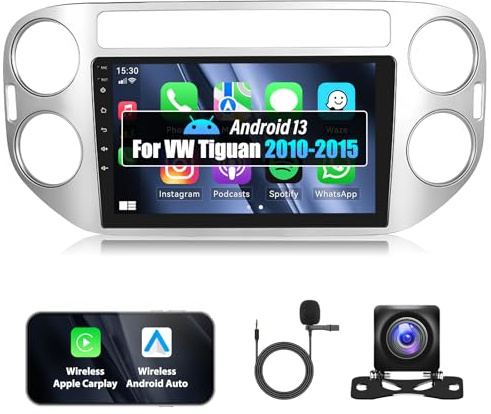 2+32G Android 13 Doppel Din Autoradio für VW Tiguan 2010-2015 mit Carplay Android Auto, 9'' HD Touchscreen Auto Multimedia Empfänger mit Spiegel Link Bluetooth WiFi GPS FM EQ SWC+Rückfahrkamera&MIC